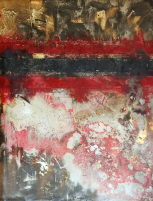 Verticale abstracte illustratie in rode acrylverf met een subtiele outdoor scène