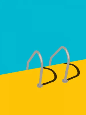 Verticale abstracte illustratie van een zwembad in blauwe en gele tinten met minimalistische vormen