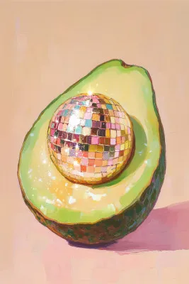Verticale kleurrijke illustratie van een avocado als glinsterende disco bal in een buitenlandschap met reflecterende mozaïek en glitter
