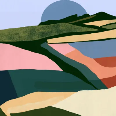 vierkante abstracte illustratie van kleurrijk landschap met groene tinten en geometrische vormen