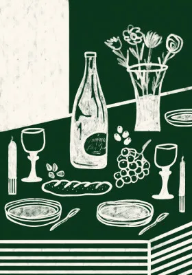 Verticale illustratie van een buitendinerscène met wijn, brood, druiven en kaarsen in verschillende groene tinten