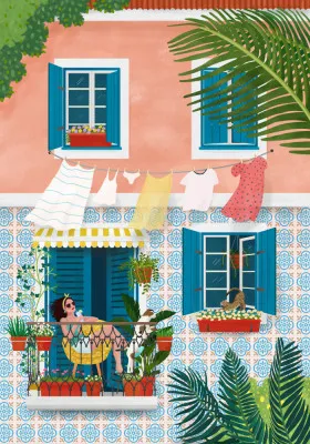 Illustratie van zonnige straat in Lissabon met vrouw op balkon, hond en kat, kleurrijke mediterrane gebouwen