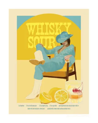 Verticale illustratie van mensen in een buitenomgeving met whisky sour cocktails in levendige kleuren