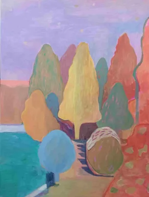 Expressieve verticale illustratie van natuur met oranje en blauwe tinten en bomen bij Lake Arrohead II