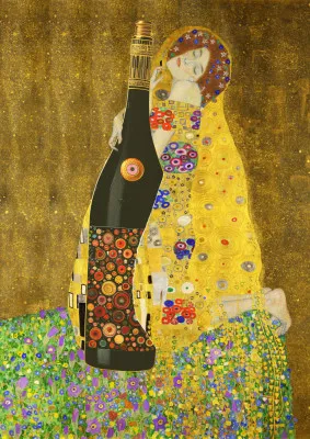 Verticale illustratie 'True Love' met mensen, kleurrijke penseelstreken en gouden accenten in een buitenomgeving