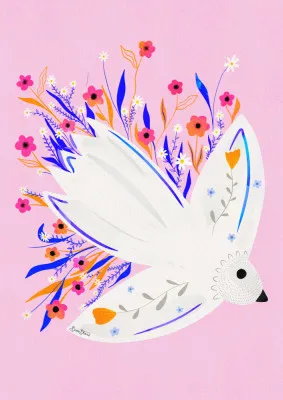 Bird in Flowers Pink illustration