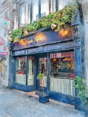 Verticale waterverf illustratie van Dublin met gebouwen en kleurrijke planten in een buitenruimte