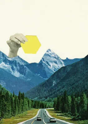 Verticaal surrealistisch kunstwerk met geometrische vormen in blauw, groen en geel, weg met auto's en een hand die bergen beweegt