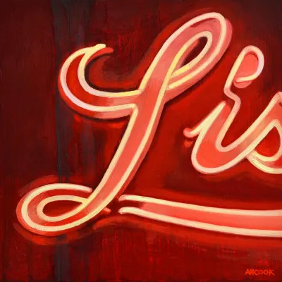 Vierkante illustratie van een rode lamp die schijnt in een winterse buitenlucht, sfeervol en warm