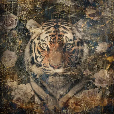 vierkante vintage illustratie van tijgers en papegaaien te midden van bloemen en tropische bomen