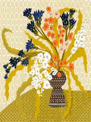 Verticale illustratie van een florale stilleven met mosterdgele bloemen en abstracte organische vormen in Scandinavische stijl