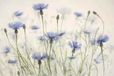 Horizontale foto van blauwe korenbloemen in een korenveld met lichte achtergrond en dubbele belichting