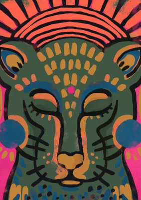 Verticale illustratie van een katachtige met gesloten ogen in een groene, psychedelische natuurlijke omgeving