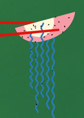 Verticale papieren illustratie van hollywood ramen met kleurrijke noedels, ei en eetstokjes in buiten scène