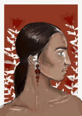 Verticale digitale portretillustratie van vrouw in herfstkleuren met bloemen en sierlijke oorbellen