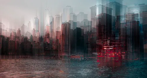 Horizontale dubbele belichting foto van de Hudson River skyline met rode tinten en stedelijke architectuur