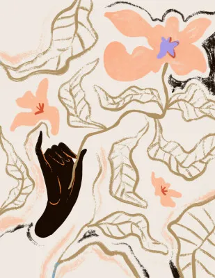 Verticale illustratie van handen die bloemen vasthouden in zachte perzik- en abrikoostinten met botanische patronen