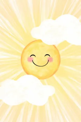 Verticale illustratie Bright sunny day met gele en oranje pastelkleuren, lachende emoticons en zonnige wolken