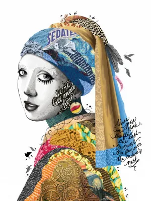 Verticaal collage portret van vrouw met parel oorbel en tekst all mad here in lichte buitenomgeving