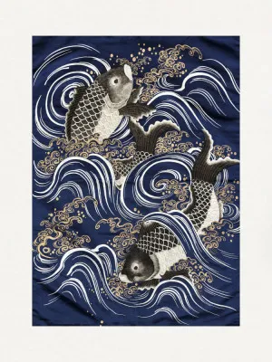 Verticale Japanse vintage illustratie van een karper in golven met blauwe tinten, perfect voor Japandi interieur