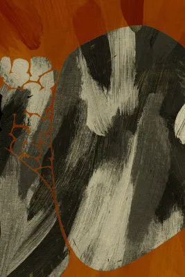 Verticale abstracte illustratie met warme oranje penseelstreken en aardse kleuren in een organisch patroon