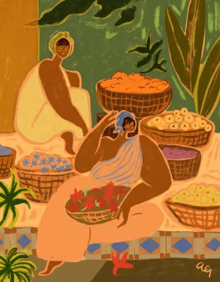 Verticale illustratie van vrouwen op een bloemenmarkt met tropische planten en kleurrijke details