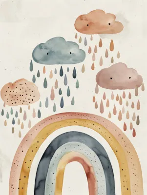 Verticale aquarelillustratie van pastelregenbogen en wolken in een speels buitenlandschap voor kinderkamerdecoratie