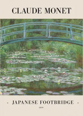 Verticale illustratie van een Japanse voetbrug te midden van groene waterlelies en een tuin in impressionistische stijl