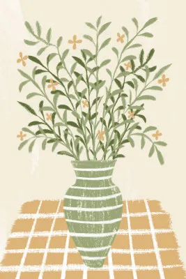 Verticale vintage botanische illustratie van vaas met bloemen in zachte groene en beige tinten