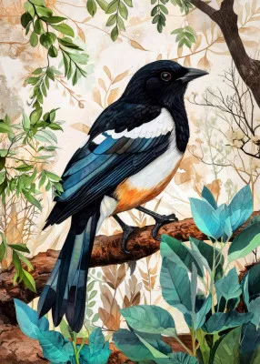 Animal Watercolor Art Bird Magpie