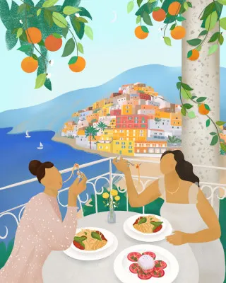Verticale illustratie van meisjes in Positano met oranje mediterrane gebouwen aan de Amalfikust