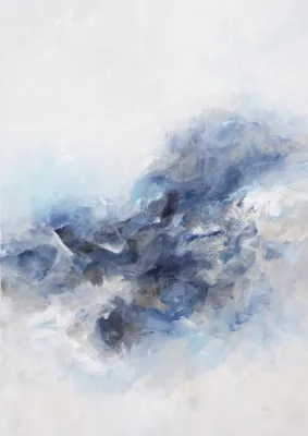 Verticale blauwe abstracte acryl canvas met expressieve penseelstreken en oceaangeïnspireerde textuur