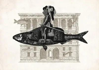 Horizontale surrealistische illustratie Impromptu N1 met architectuur en vissen in zwart-wit