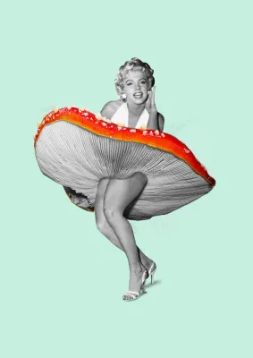 Verticaal georiënteerde kleurrijke illustratie van vrouw in retro jurk met surrealistische en vintage Hollywood elementen