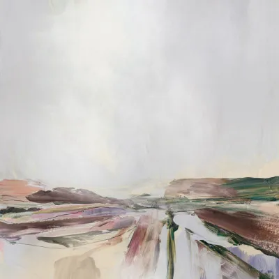 Vierkante abstracte illustratie van een buitenlucht landschap met verschillende groene tinten en verfijnde penseelstreken