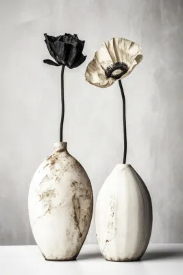 Verticaal stilleven van keramische vaas met zwart-witte contrasterende bloemen buiten in zacht licht