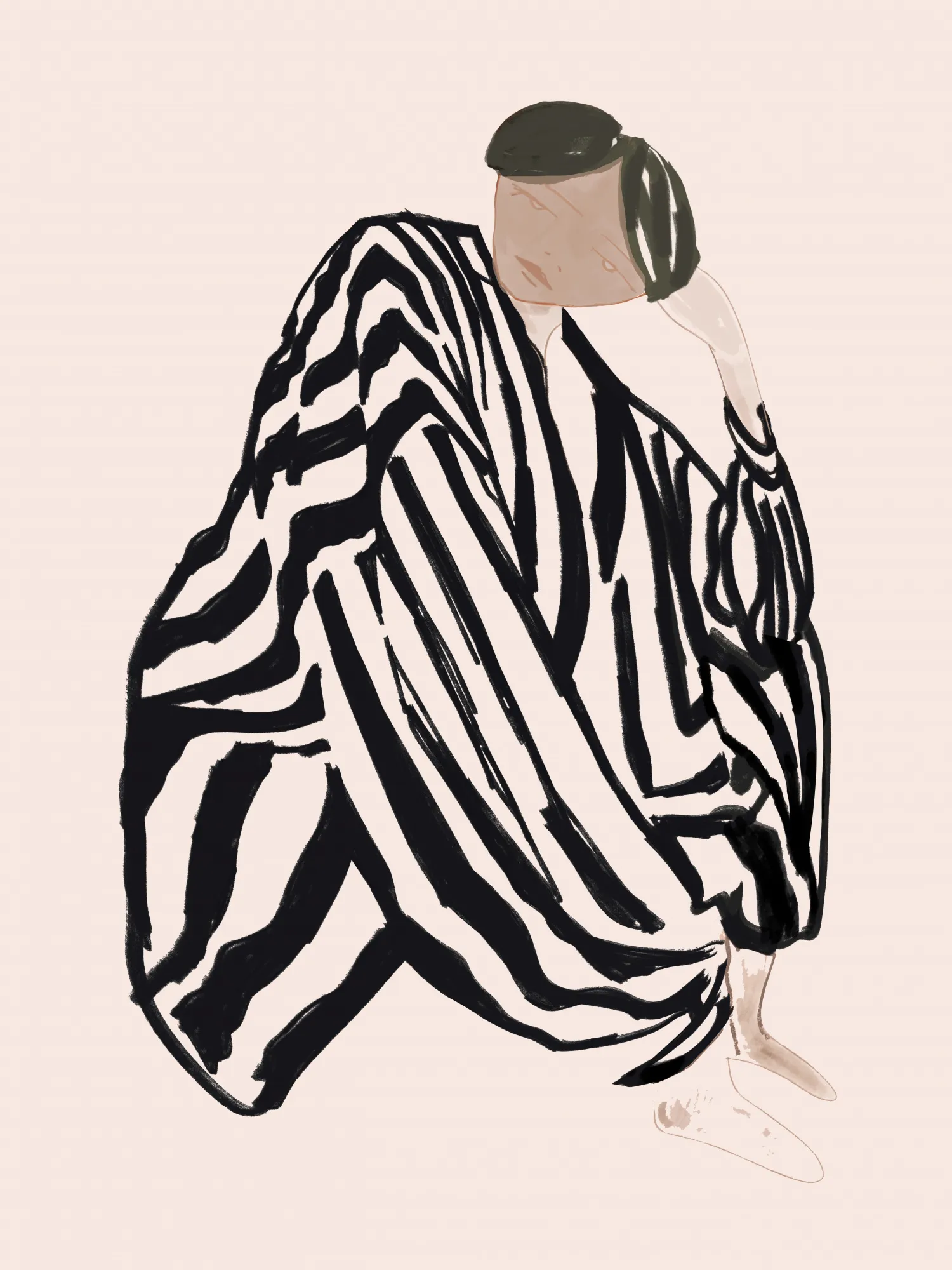 Vrouwelijke figuur in pyjama met grafische lijnen