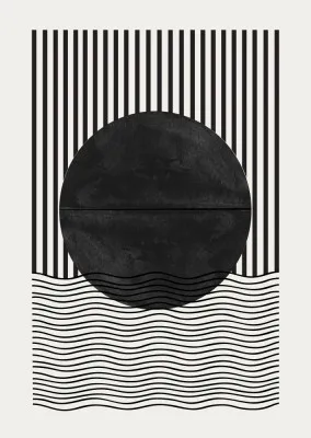 Verticale zwart-wit illustratie met geometrische cirkels, strepen en golvende lijnen in monochrome abstracte stijl