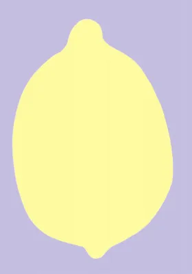 Verticale minimalistische illustratie van een gele citroen op paarse achtergrond in pastelkleuren, moderne muurdecoratie