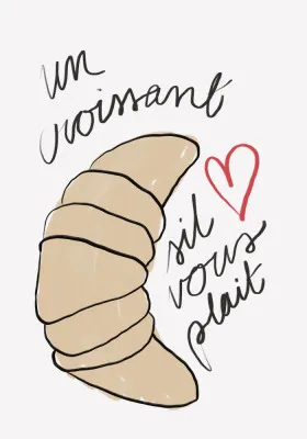 Handgetekende illustratie van een croissant met lichte, heldere achtergrond en Franse sfeer