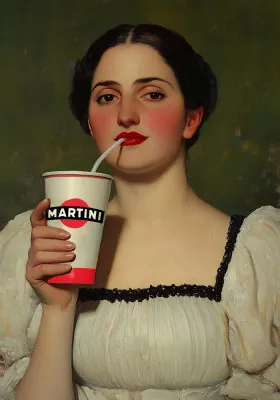 Verticale illustratie van een vrouw met vintage uitstraling die een drankje drinkt in een buitenomgeving, kleurrijk en speels