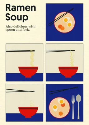 Verticale poster ramen soup illustratie met buiten scène, diverse kleuren en typografie over tafelgerei en eten