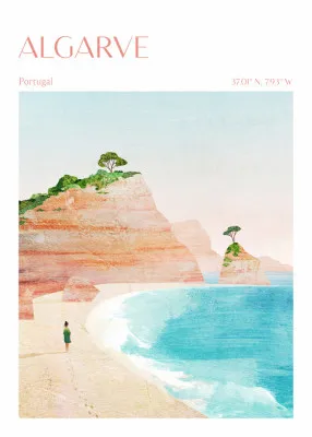 Verticale illustratie van kleurrijke outdoor scène aan kust in Algarve Portugal met mensen, bergen en golven