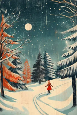 Illustratie van meisje in sneeuw met kerstboom onder maanlicht in winterse nacht