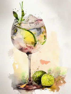 Verticale illustratie van kleurrijke cocktails met limoenen, munt en fruit in zomerse buitenomgeving