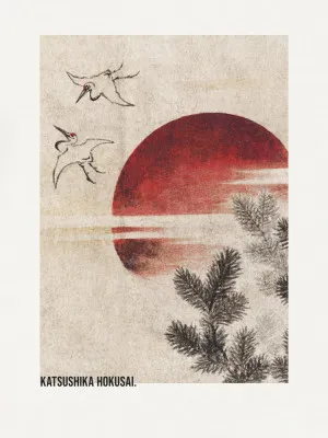 Verticale Japanse vintage illustratie van kraanvogels bij rode zonsondergang uit 1814