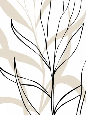 Verticale minimalistische zwart-wit illustratie van gestileerde bladeren in lijnkunst stijl voor modern interieur