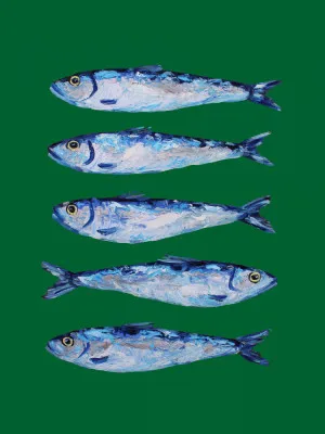 Verticale illustratie van sardines in een groene, natuurlijke buitenomgeving