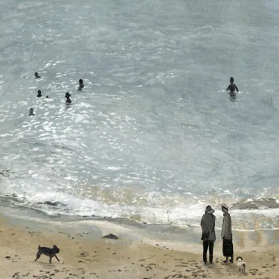 vierkante illustratie van bamaluz beach met blauwe golven, strand, wind en mensen in neutrale tinten
