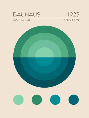 Verticale Bauhaus poster met geometrische cirkels en vormen in blauw en groen, retro art deco stijl